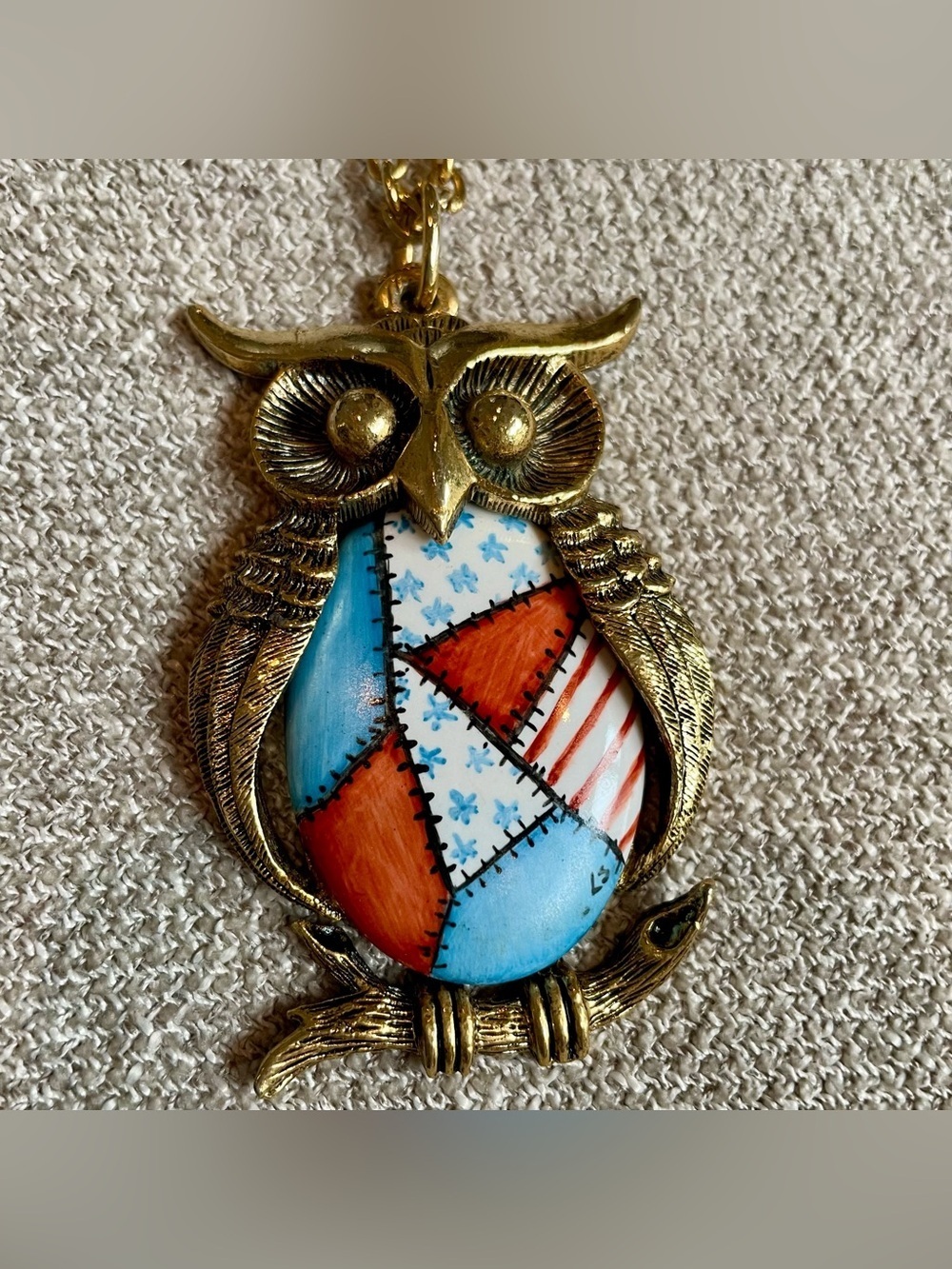 Vintage 1976 Antiqued Gold Tone Hand Painted Owl on Branch Pendant Necklace